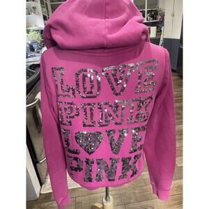 VS LOVE PINK Y2K Bling Sequin Hot Barbie Pink Zip Up Hoodie Sequin Sweatshirt M